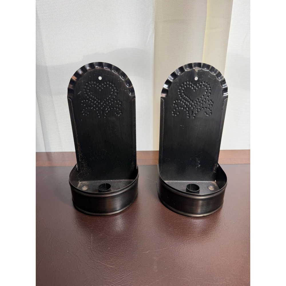 Vintage Primitive Black Metal Punched Heart Wall Sconce Candle Holder Pair